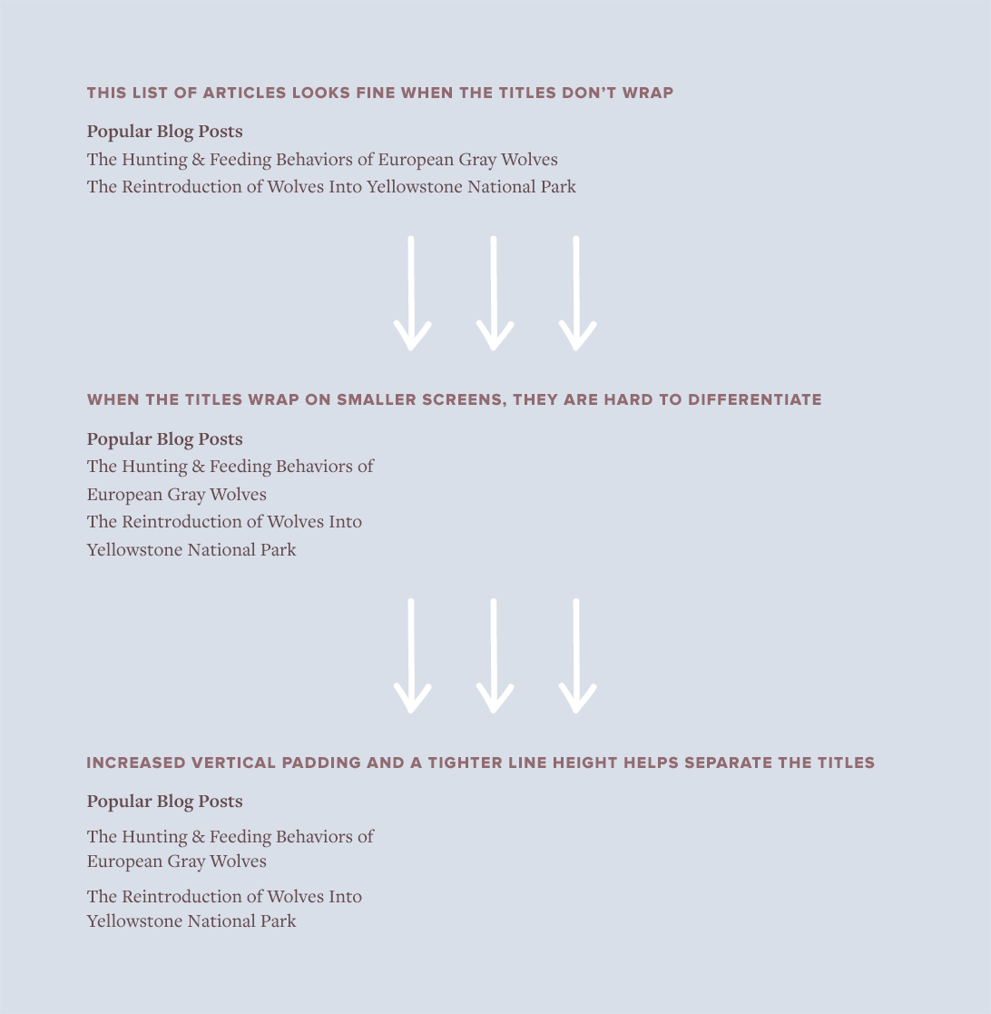 Increase vertical padding and tighten line height when list items wrap to two lines